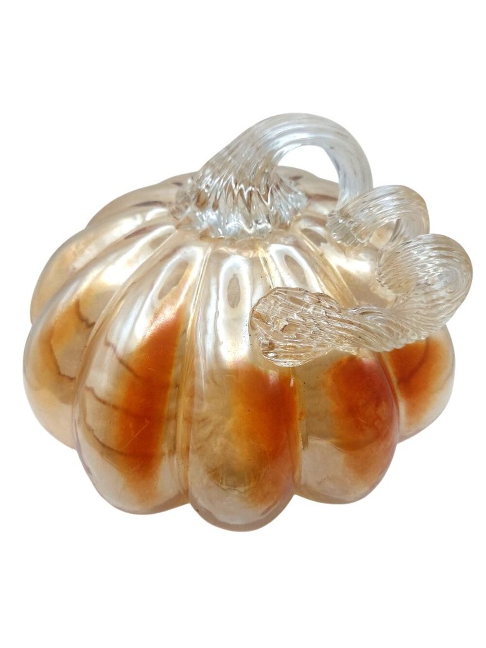 Hand Blown Glass Pumpkin Orange Iridescent Clear Stem Autumn Thanksgiving Fall